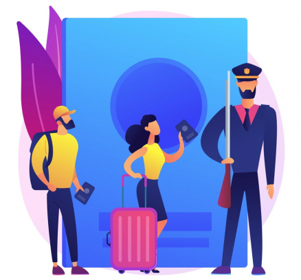 Migration policy abstract concept vector illustration. Migration report, policy research, visa application form, border patrols control, sign documents, put a tick, passport abstract metaphor.